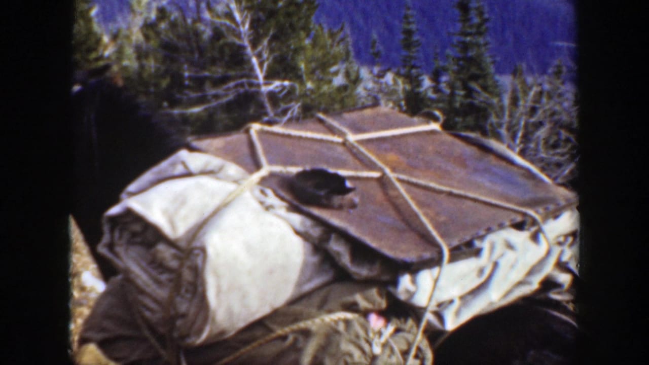 1938 California 8mm frame showing a heavily packed camping bundle tied with rope beside trees and brush.