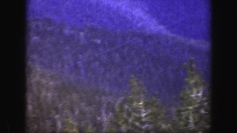1938 California home-movie frame of a forested mountain valley, evergreen treetops, and hazy blue-purple ridgelines.