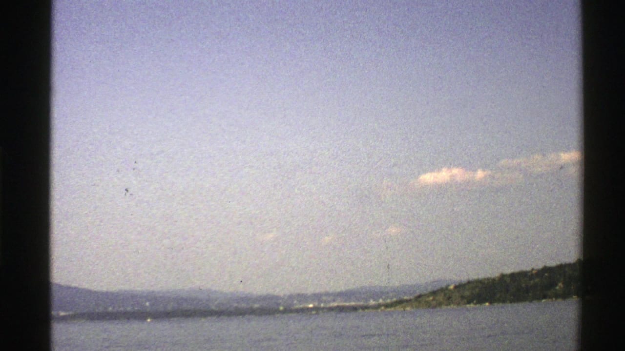Open water, low distant hills, and a wooded point beneath a pale sky.
