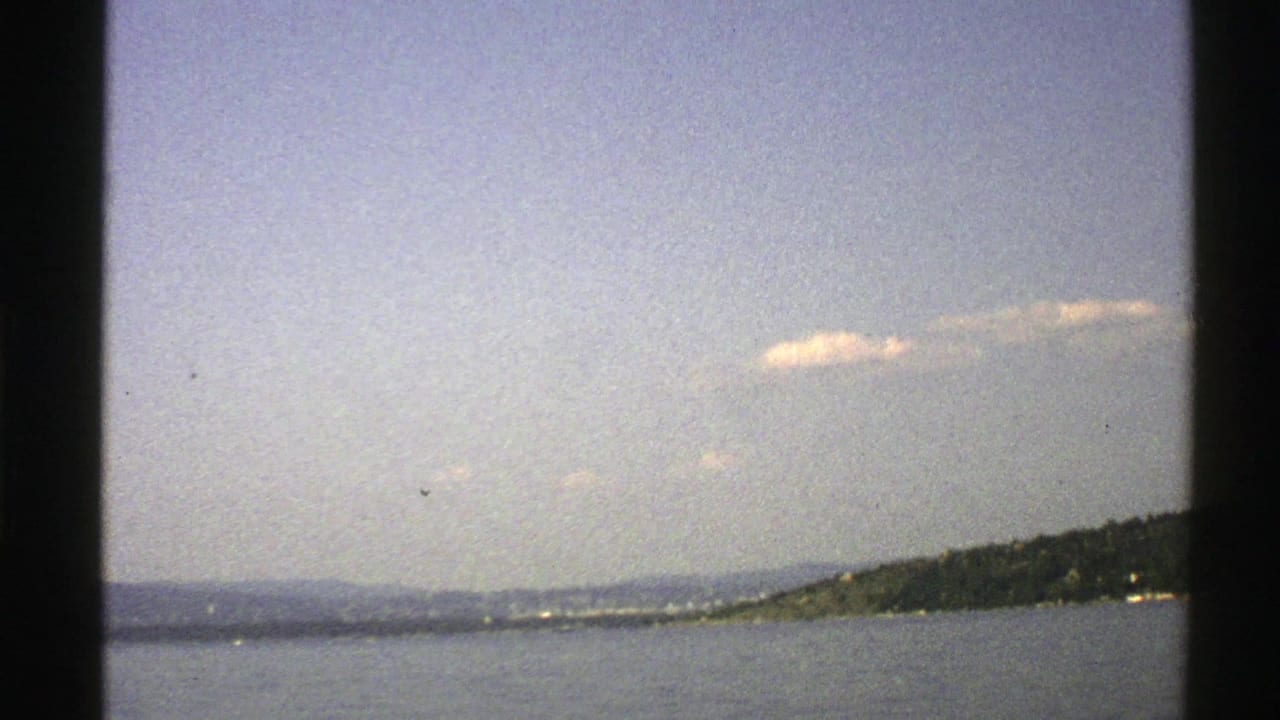 Calm water facing a wooded island under a pale sky with dark vertical frame edges.
