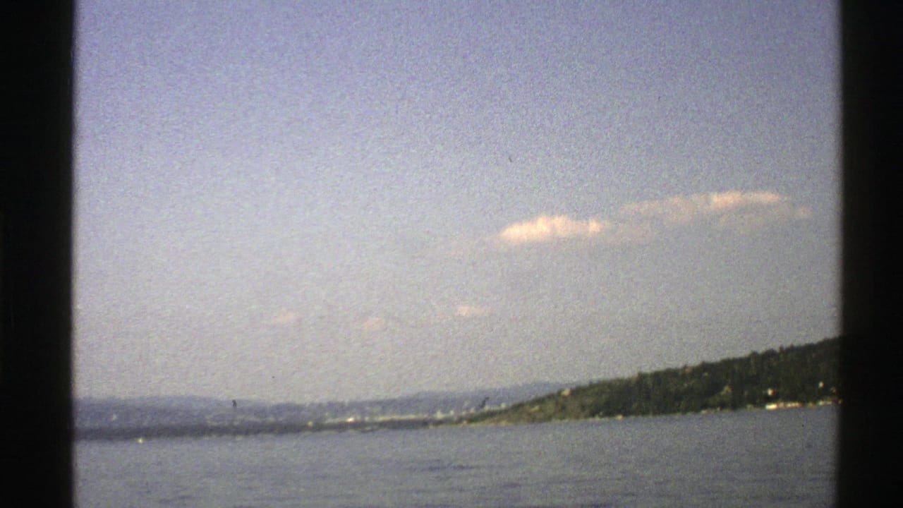 Wide coastal view with water, a wooded shoreline, distant hills, and soft clouds.