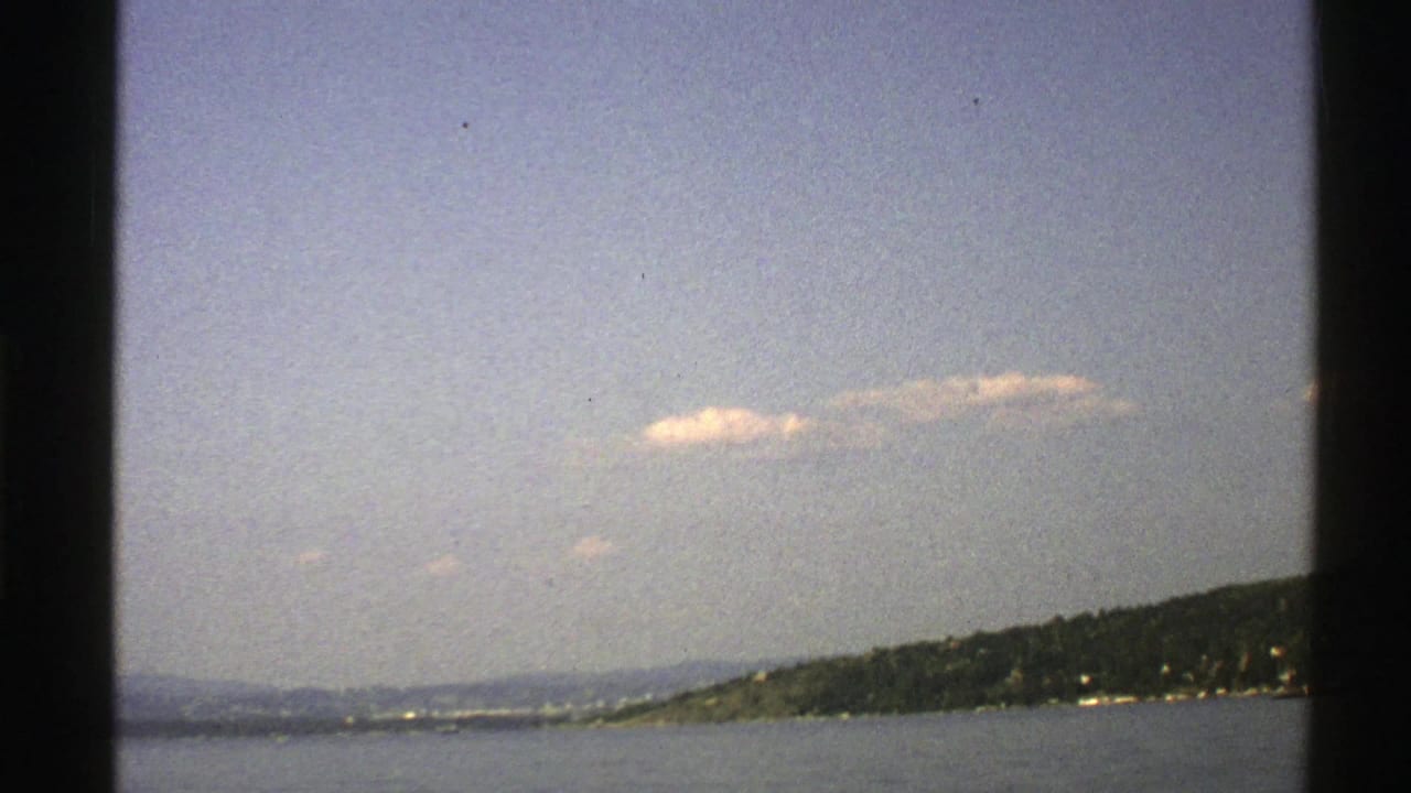 Distant wooded shoreline across calm water under a pale blue sky, framed by dark vertical edges.