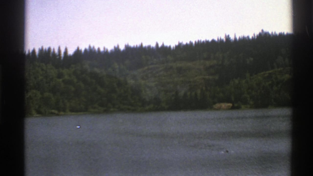 1976 Norway 8mm frame showing a lakeshore, dark evergreen forest, and rolling hills from a moving roadside viewpoint.