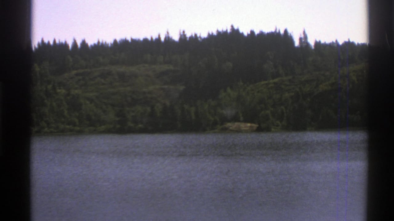 Wooded lake and hillside divided by dark film-frame borders.