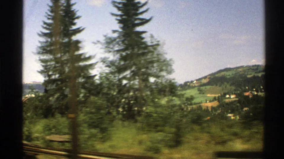 Norwegian countryside viewed from a moving train, with tall conifers, hillside fields, and small distant houses.