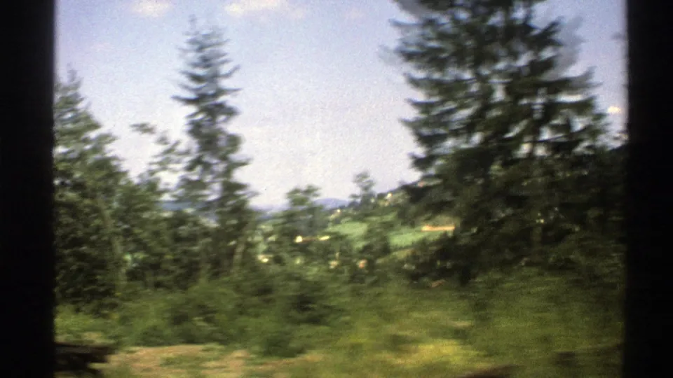 Motion-blurred 8mm train-window view across trees, green slopes, and distant countryside in Norway.