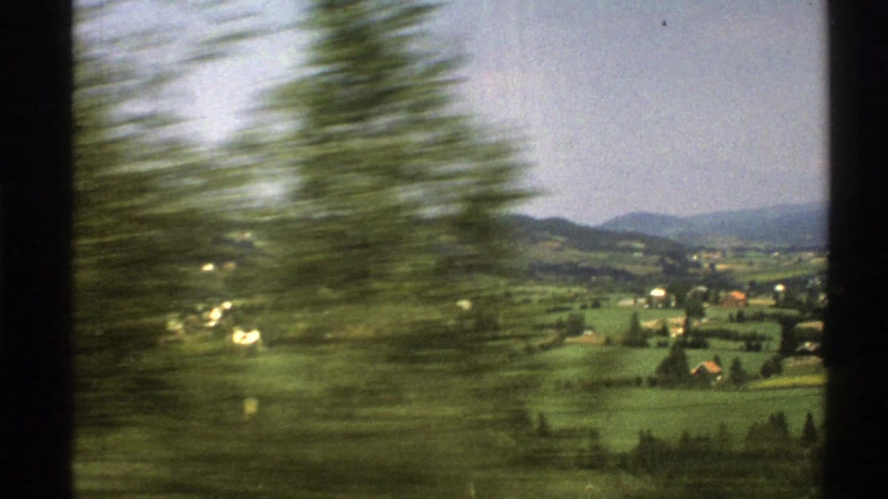 Blurred tree passing in front of rural fields, houses, hills, and sky.
