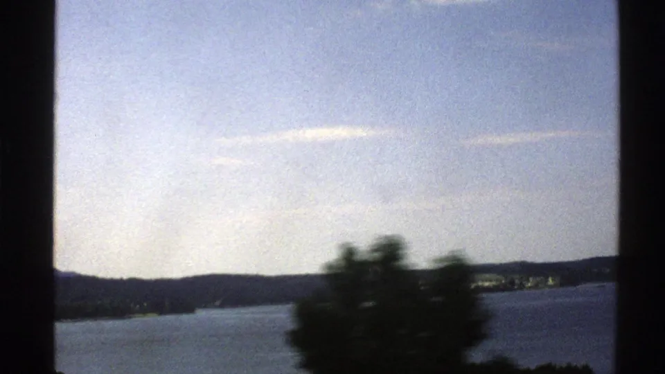 1976 Norway 8mm travel view of blue water, low mountains, pale sky, and a blurred foreground tree from a moving vantage point.