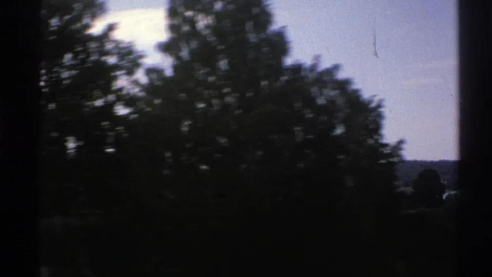 Late-frame 8mm view of dense dark trees passing before a blue sky, with a faint Norwegian hillside in the distance.