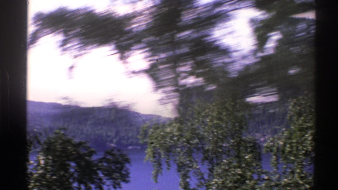 1976 Norway home-movie frame with roadside trees sweeping across a partial view of a lake and forested hillside.