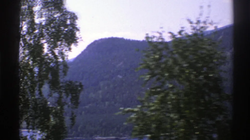 1976 Norway home-movie view of a wooded mountain and waterway partly obscured by foreground trees.