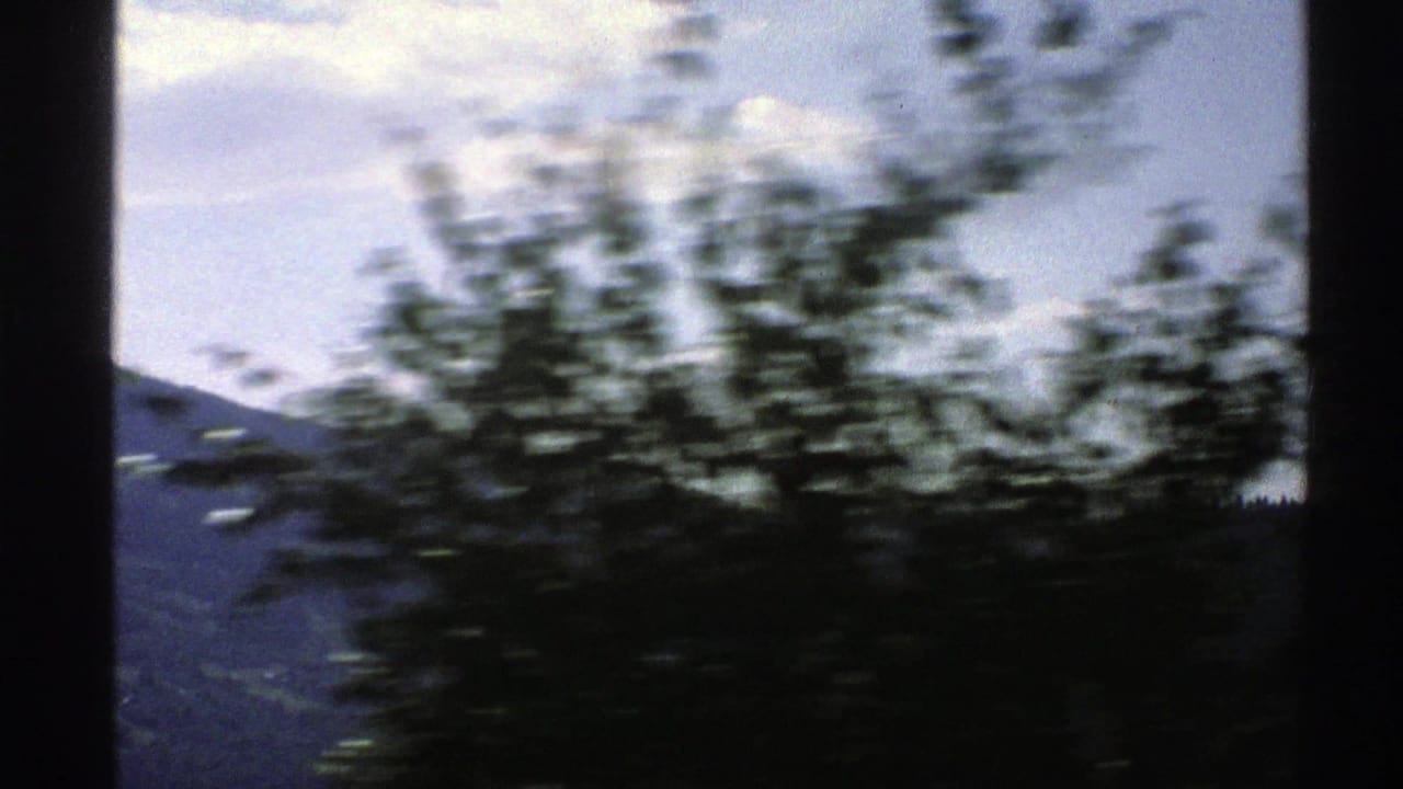 1976 Norway 8mm travel view with blurred roadside trees, dark window framing, distant mountains, and pale sky.