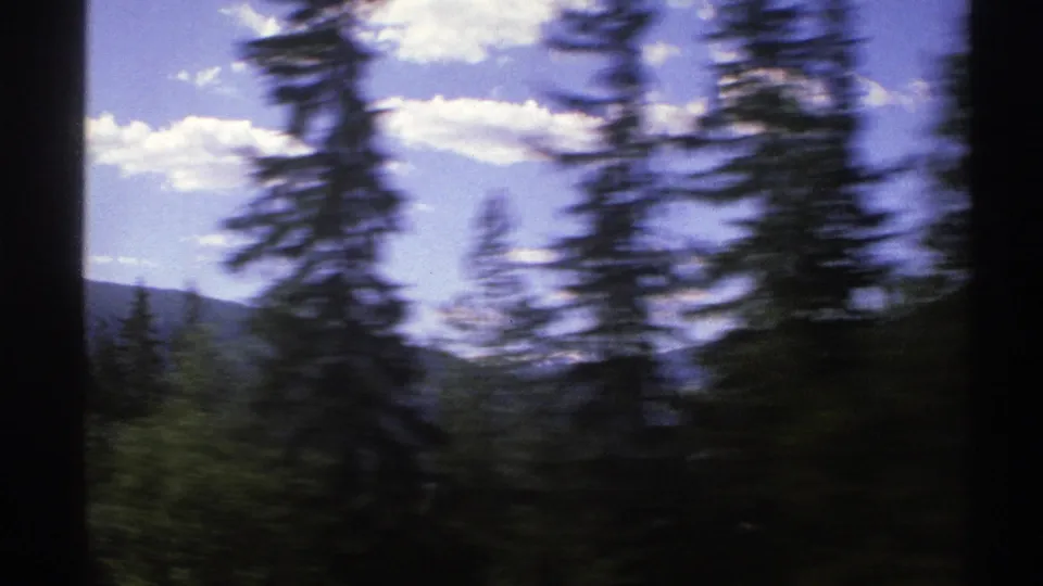 1976 Norway 8mm frame showing blurred conifers in the foreground, darker forest below, and mountain slopes beneath a clouded blue sky.