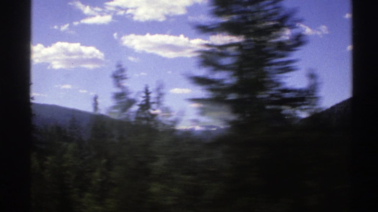 1976 Norway home-movie view from inside a moving car, with pine trees blurring past forested mountains under a blue sky.