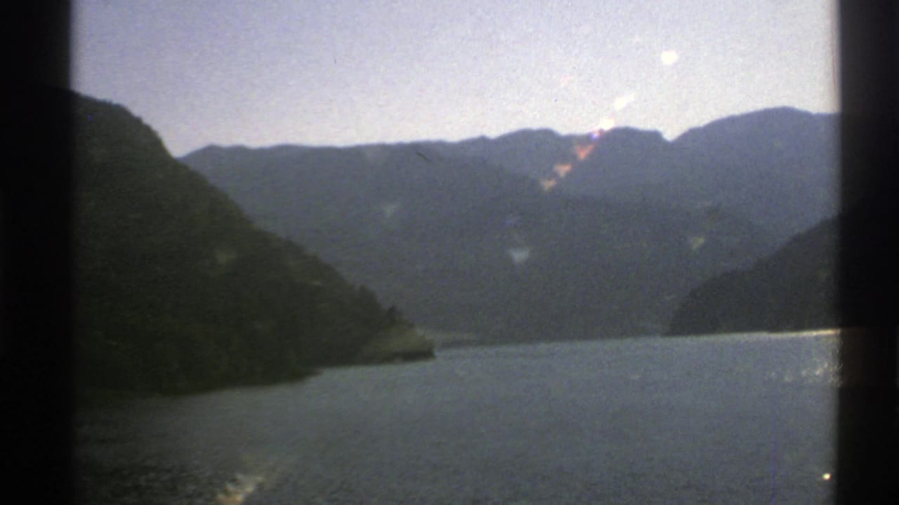 Forested peninsula or hillside beside a lake with mountains in the background.