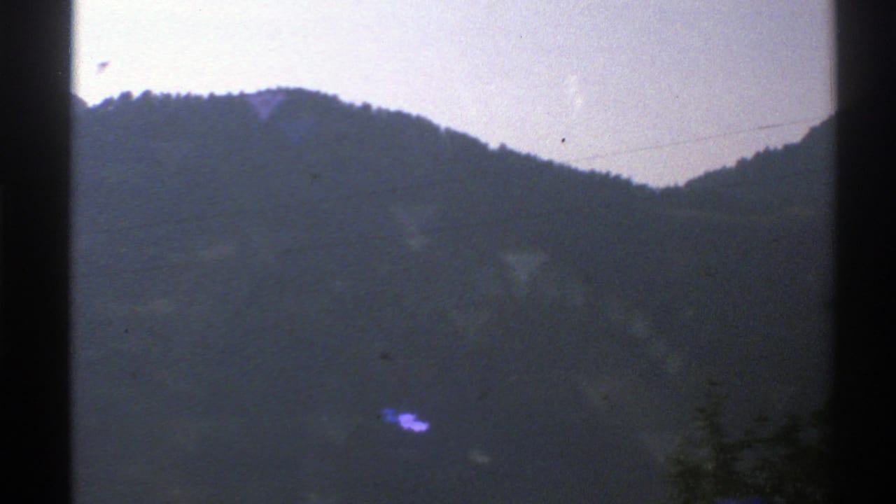 Dark window edges frame a wooded mountain slope with overhead wires and small purple light artifacts.