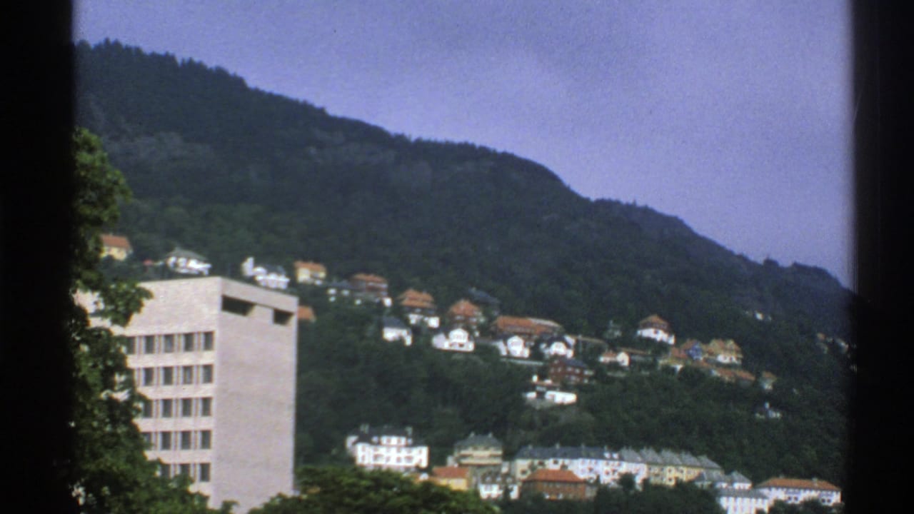 Forested hillside with scattered houses and a pale rectangular building in the foreground.