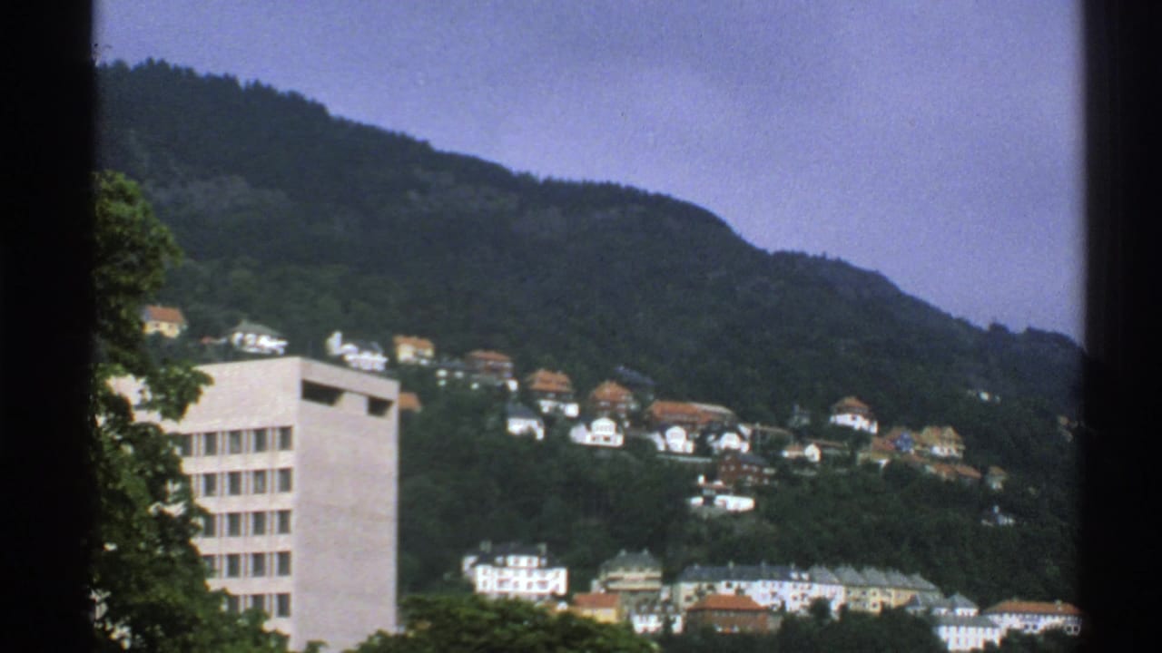 Hillside homes and a pale block building seen below a wooded mountain.