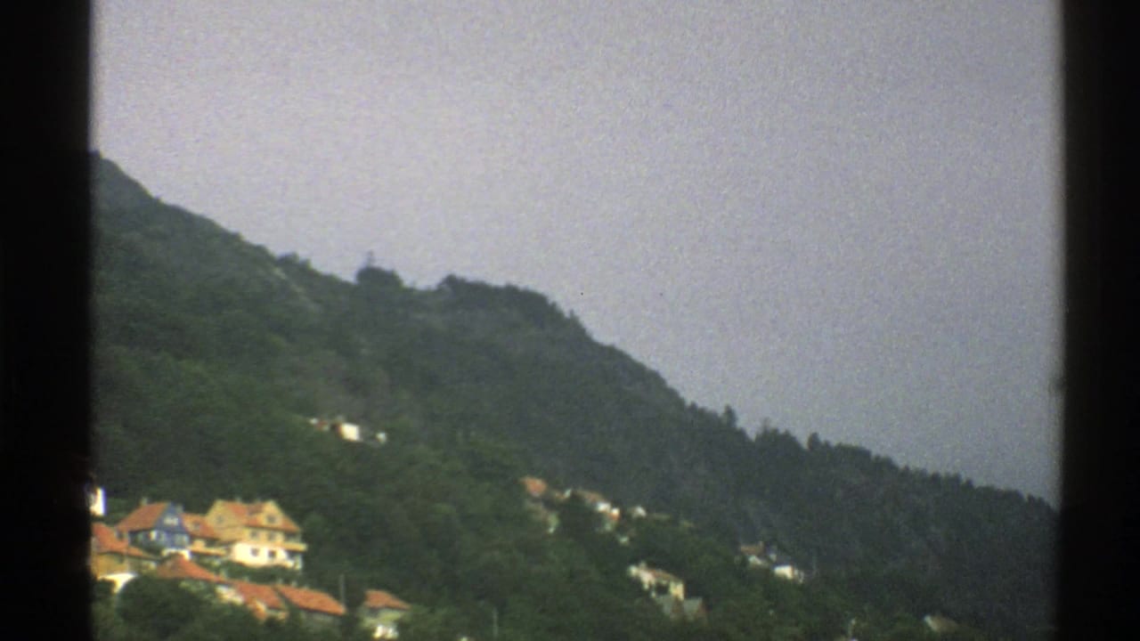 Forested mountainside with scattered distant buildings under clouded sky.