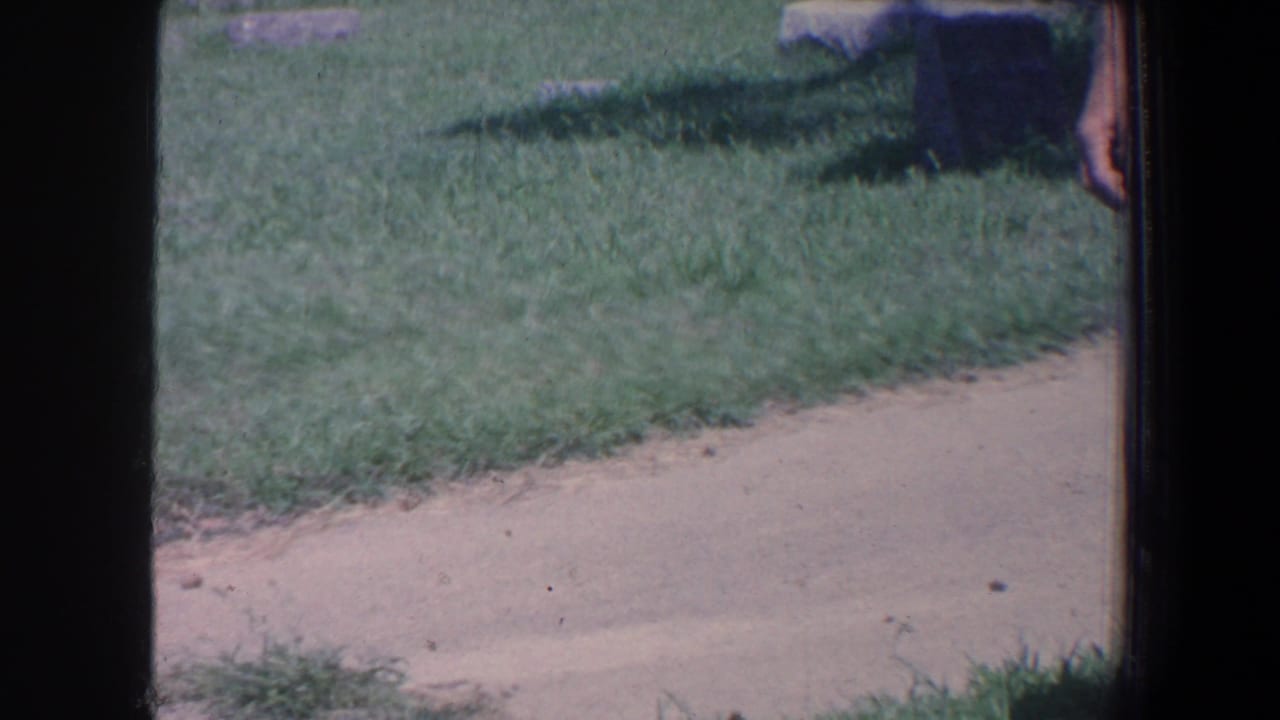 Grass, a pale path, and the edge of a person at the right side of the frame.