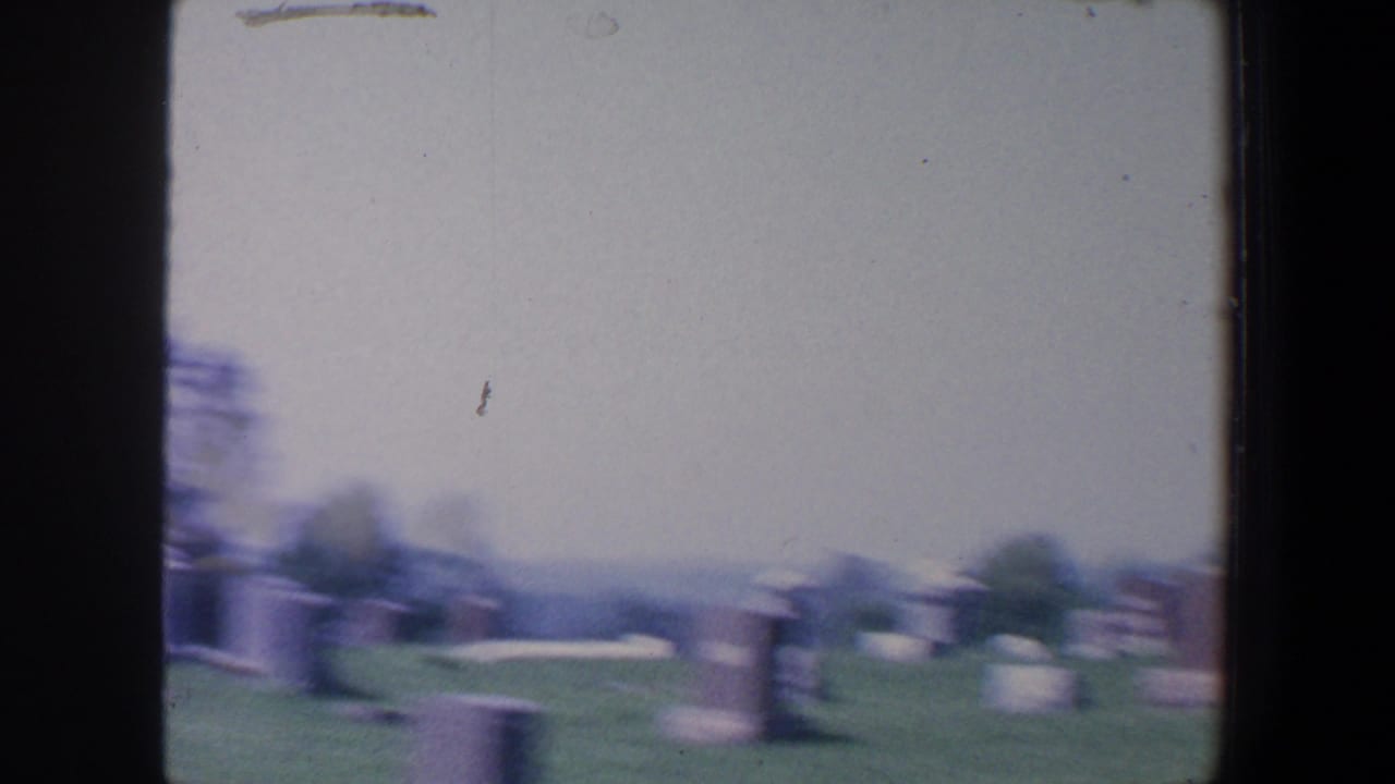 Blurred cemetery view with headstones across grass and distant trees.