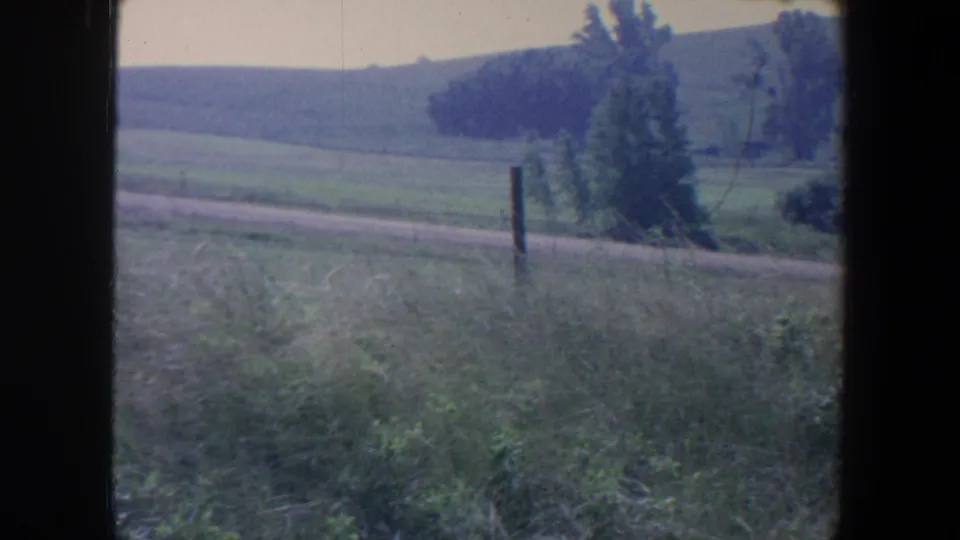 1959 Iowa 8mm frame showing a rural roadside with tall grass, a fence post, a leafy tree, open fields, and low hills.