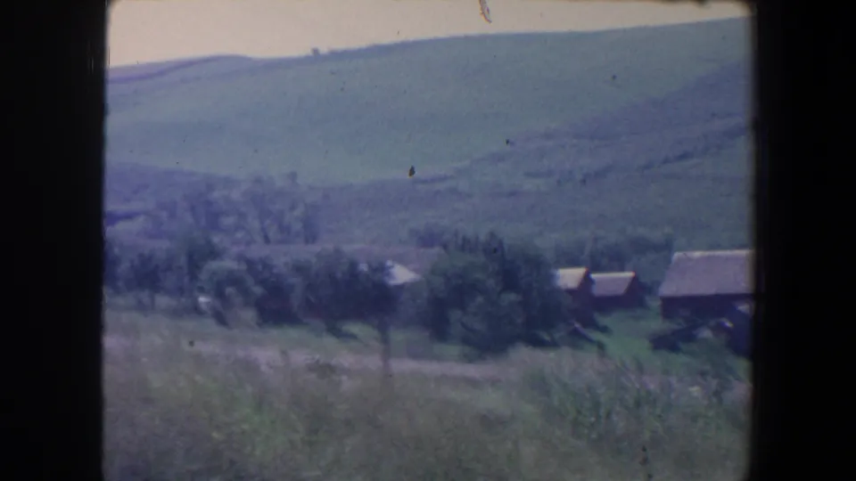 1959 Iowa countryside with rolling green hills, tree clusters, roadside grass, and distant brown farm buildings.