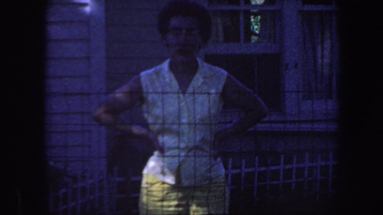 Woman stands with hands on hips behind wire mesh near a house window and fence.
