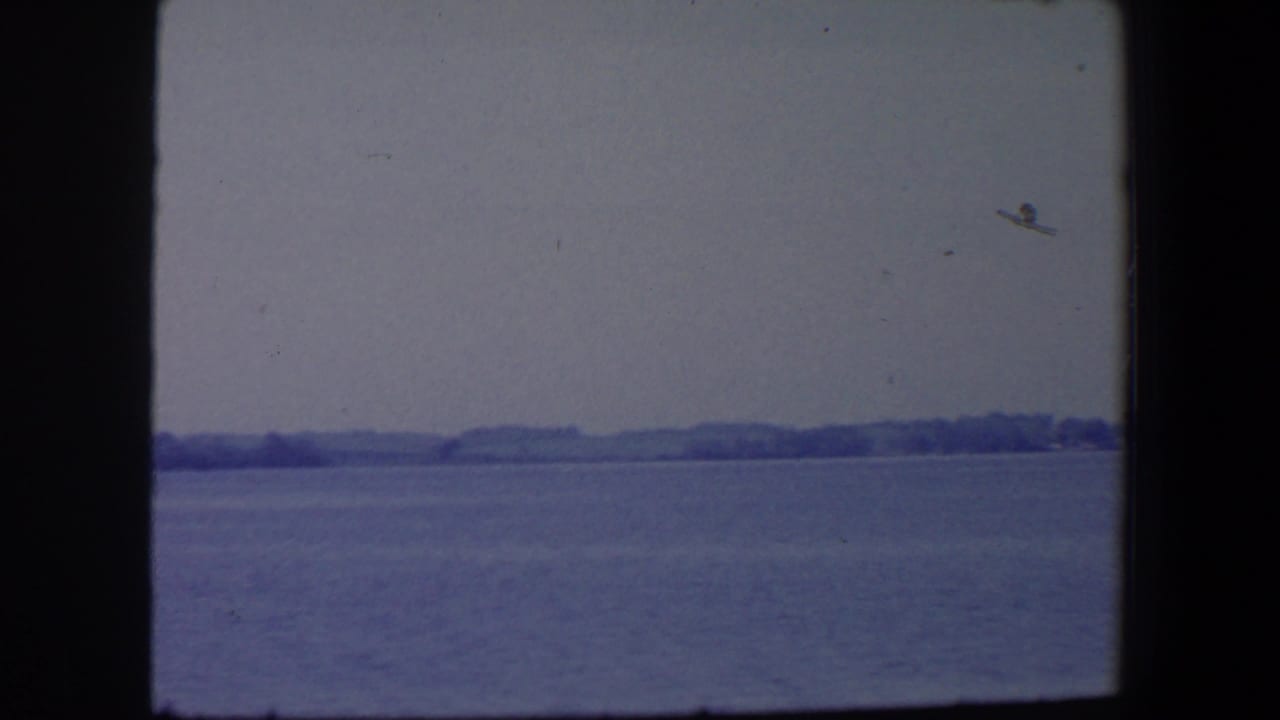 Calm water and a distant tree-lined shoreline seen through dark film-frame borders.