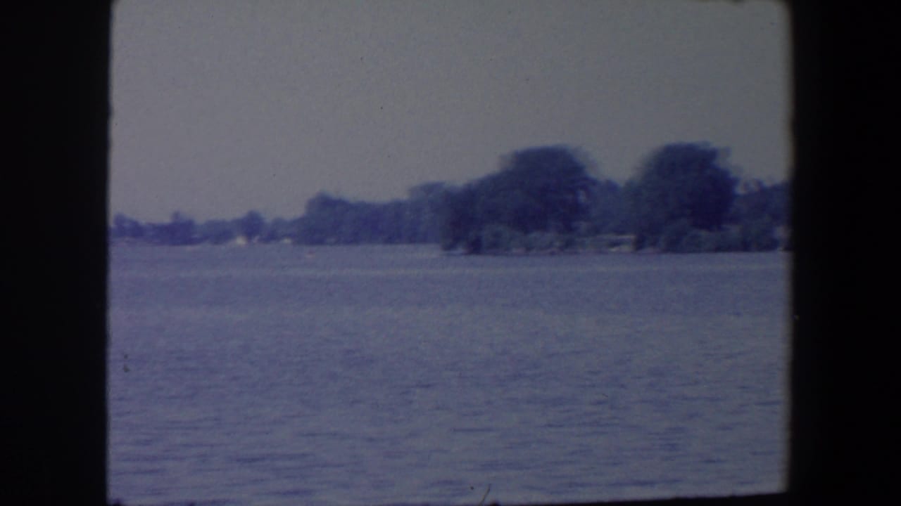 Calm lake water with a distant tree-lined shore under a pale sky.