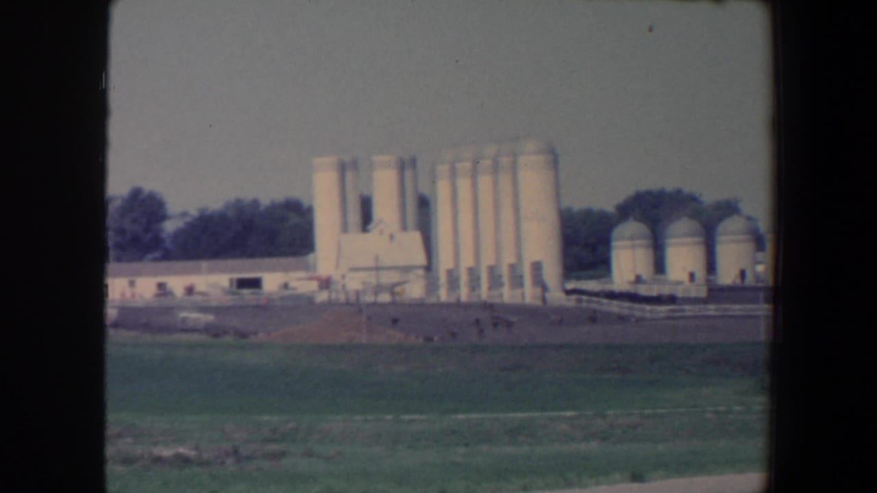 Wide roadside view of a large farm complex with tall silos and low buildings beyond green fields.