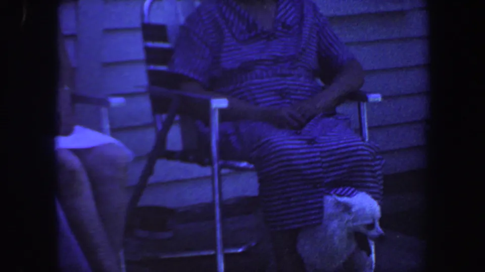 1959 Iowa home-movie frame showing an adult in striped clothing seated outside, with a small light-colored dog near the chair.
