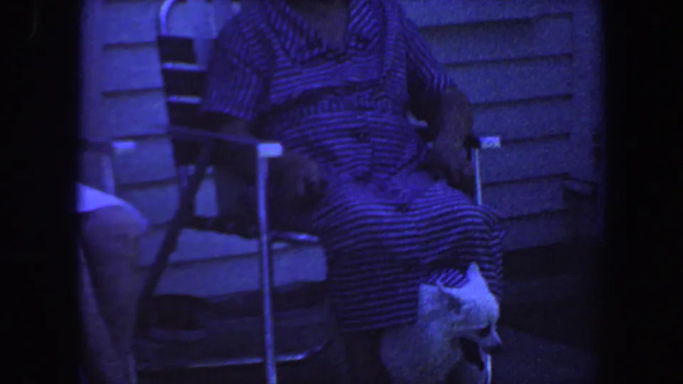 1959 Iowa home-movie frame showing a seated person in a striped dress with a small white dog near a folding chair outside a house.