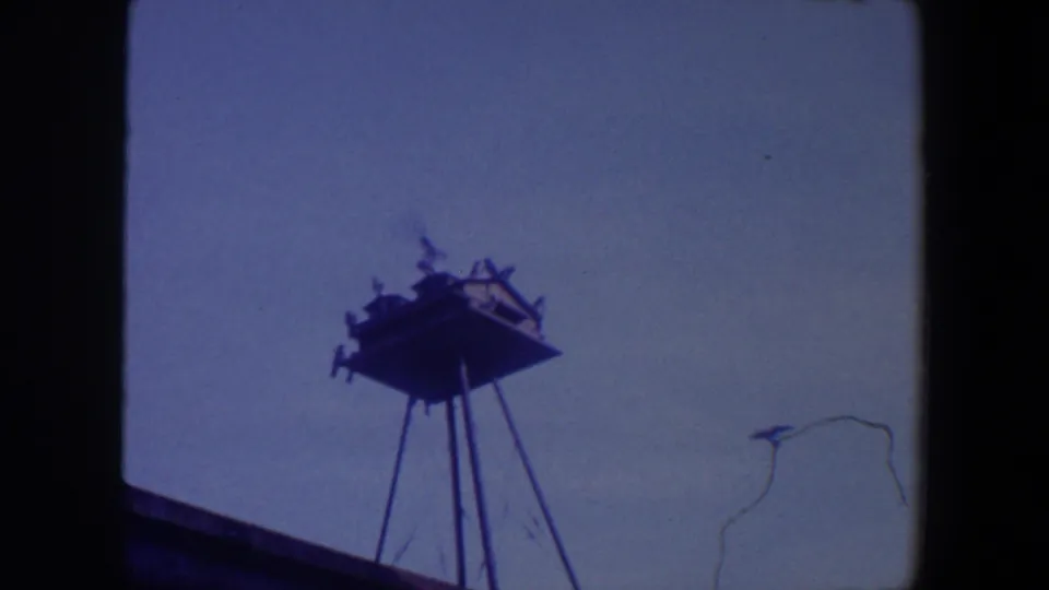 1959 Iowa frame of a raised birdhouse or platform with small birds nearby, silhouetted against blue sky beside a thin wire or branch.
