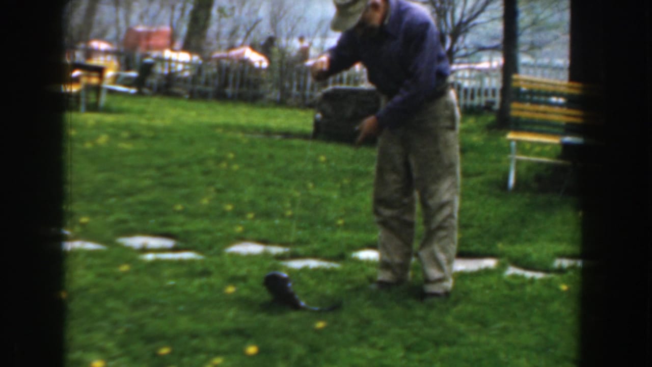 Older man on a lawn holds a string with a catfish lying near his feet.