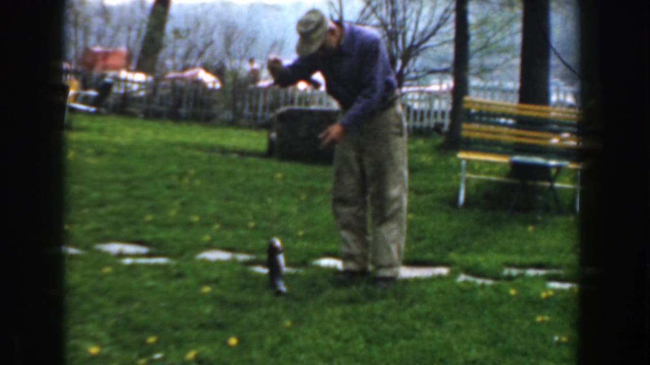 In 1961 Novi, Michigan footage, a man in a purple sweater bends toward a small fish on grass beside stepping stones and a bench.