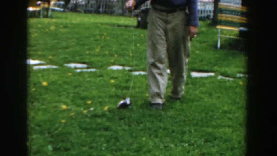 Near the end of the Novi 8mm clip, the man stands close to the fish on the lawn while the bench and stepping stones remain visible behind him.