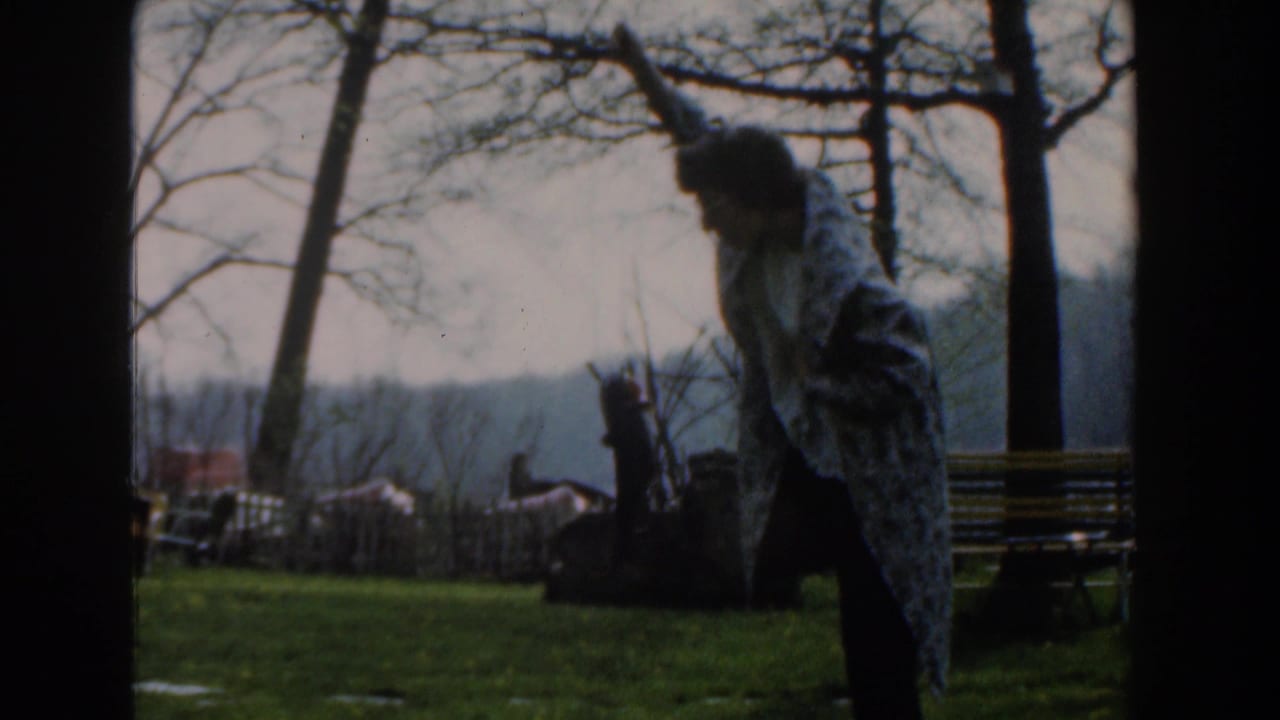 Woman in a patterned shawl stands on grass near a fish line, trees, benches, and a distant landscape.