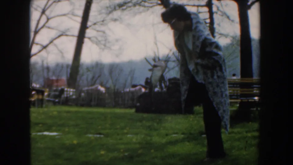 A woman in a patterned shawl stands on grass in the 1961 Novi home-movie scene, with fishing gear and park benches nearby.