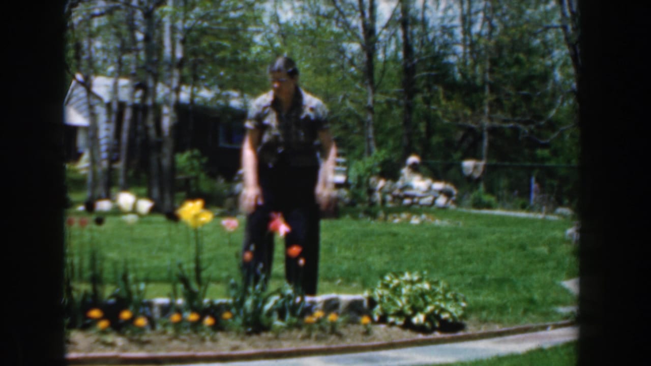 Woman stands near tulips and other flowers in a sunny backyard garden.