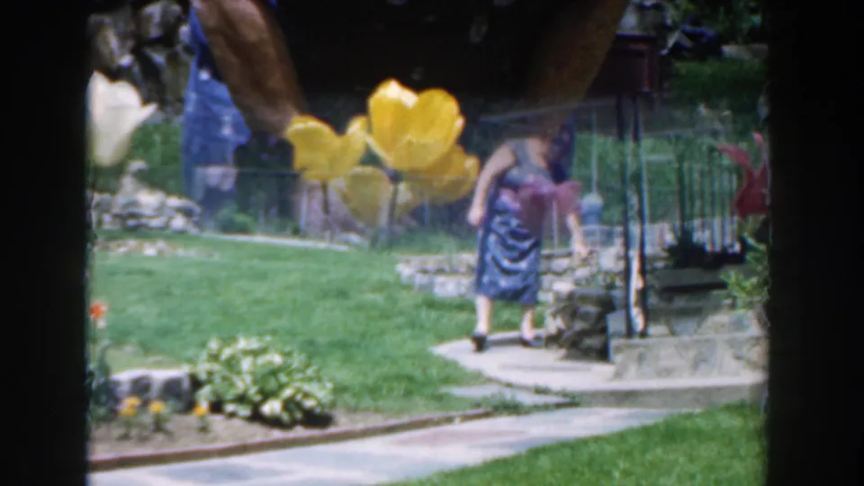 1961 Novi, Michigan home-movie frame of a woman in a blue patterned dress tending flowers near a stone path, lawn, and backyard steps.