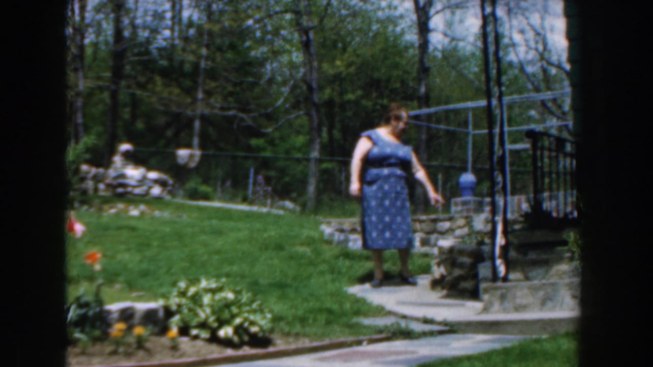 Woman in a blue dress walking beside a stone path in a green backyard garden.