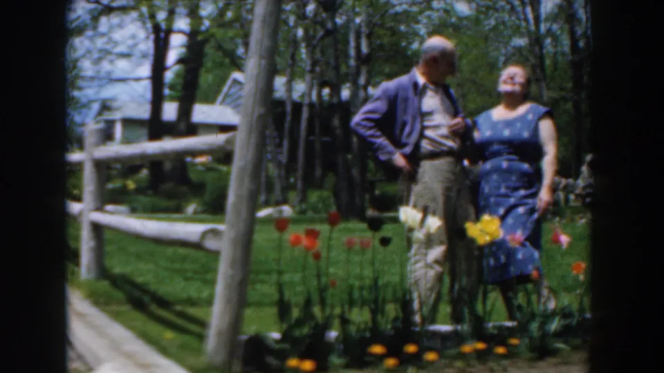 The woman in a blue patterned dress smiles near the older man as they stand by tulips in Novi, Michigan home-movie footage.