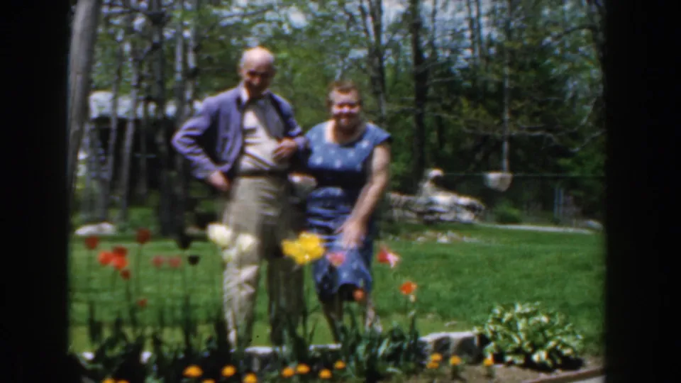 In 1961 Novi, Michigan home-movie footage, an elderly couple stands near red and yellow tulips in a sunny backyard garden.
