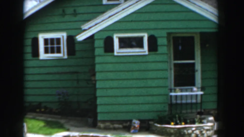 Green residential house in Novi, Michigan, framed from the side and front with windows, shutters, lawn, and a small garden bed.