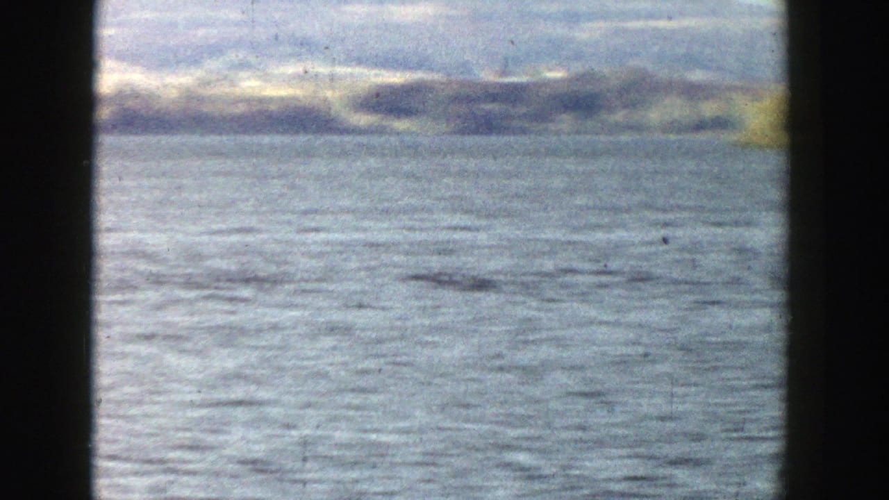 1957 Wisconsin 8mm view of open lake water and distant autumn shoreline, partly framed by dark window-like edges.