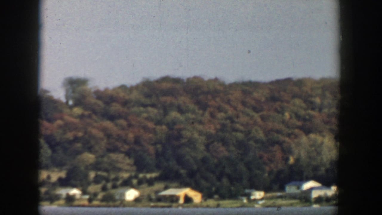 Wooded hillside and small lakeshore cabins seen through dark window bars.