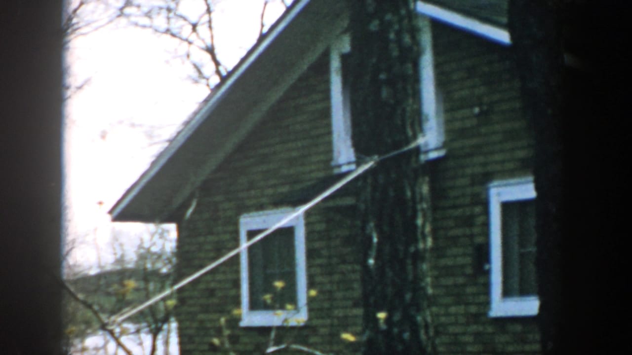 Side of a brick house with a gable roof, trees, windows, and a thin line crossing the frame.