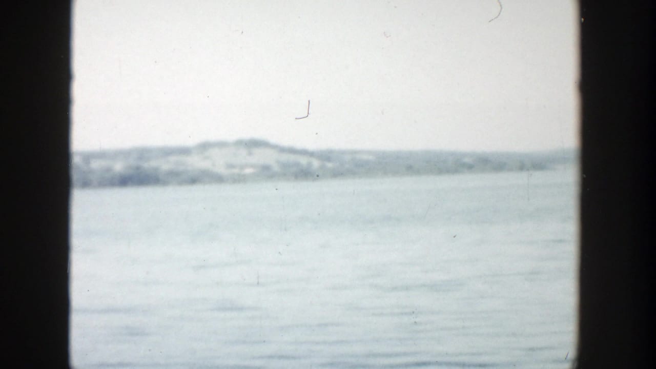 Calm water with a distant wooded shoreline and pale sky, framed by dark vertical edges.