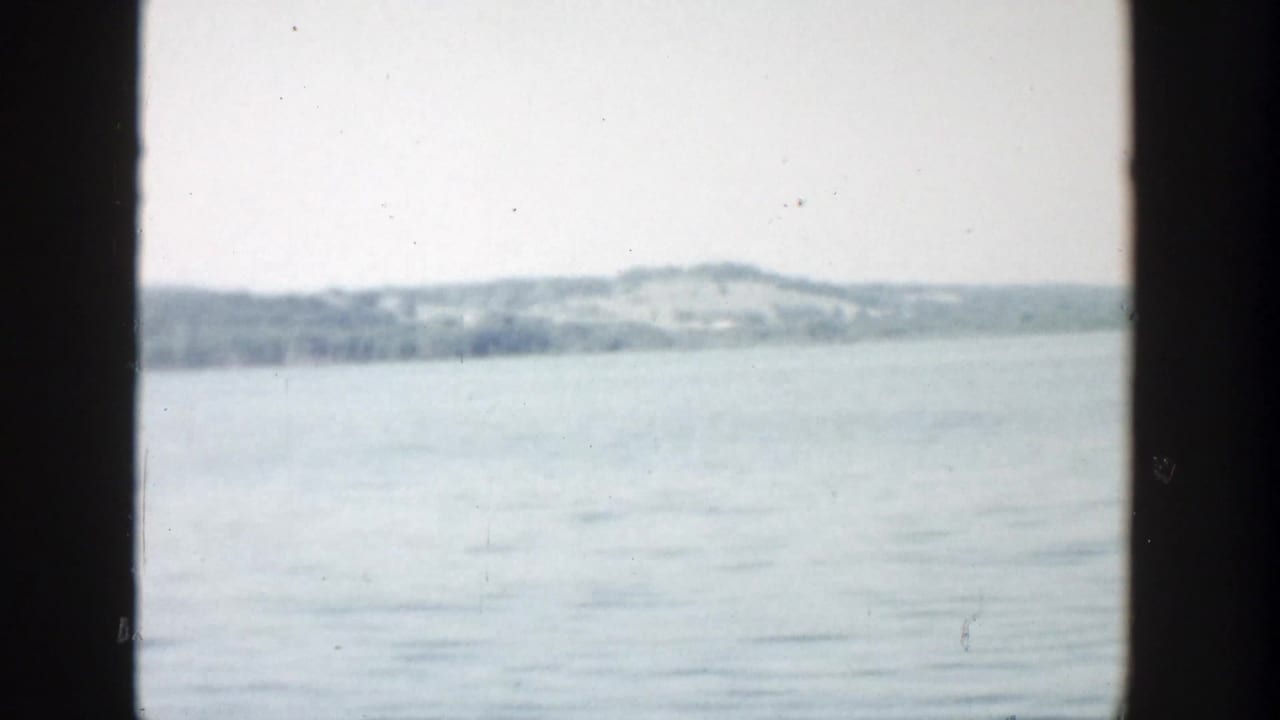 Open water and a low wooded shore under a pale sky, bordered by dark film edges.